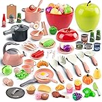100Pcs Kitchen Playset, Kids Pretend Cooking Play Pots, Pans, Utensils, Cookware, Toy Food Fruits Veggies, with 2 Large Apple - Shaped Storage, Toddler Cooking Learning Gift(Pink)