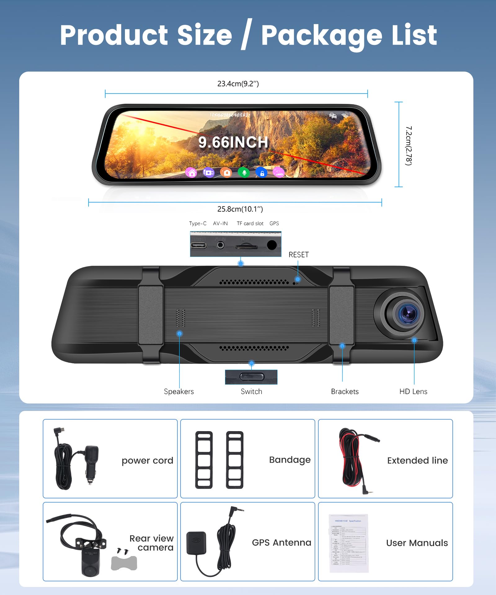 Rimoody 4K Espejo Retrovisor Coche Dash CAM Cámara 9.66 Pulgadas Pantalla Táctil IPS Dashcam Vista Delantera y Trasera Cámaras/Visión Nocturna HDR/GPS/WiFi y App Control/BSD y ADAS/Loop Video/Sensor G