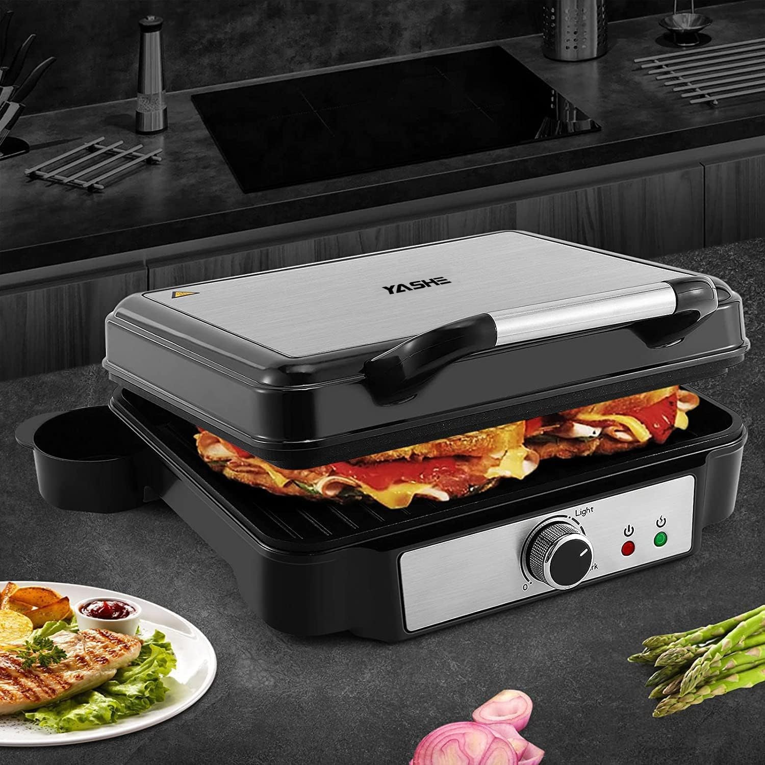 YASHE Grill Sandwichera Plancha, Parrilla Eléctrica con Placas Recubiertas Antiadherentes, Control de Temperatura, Luz Indicadora, Apertura a 180 Grados, Bandeja de Goteo Removible, 1800W, Negro