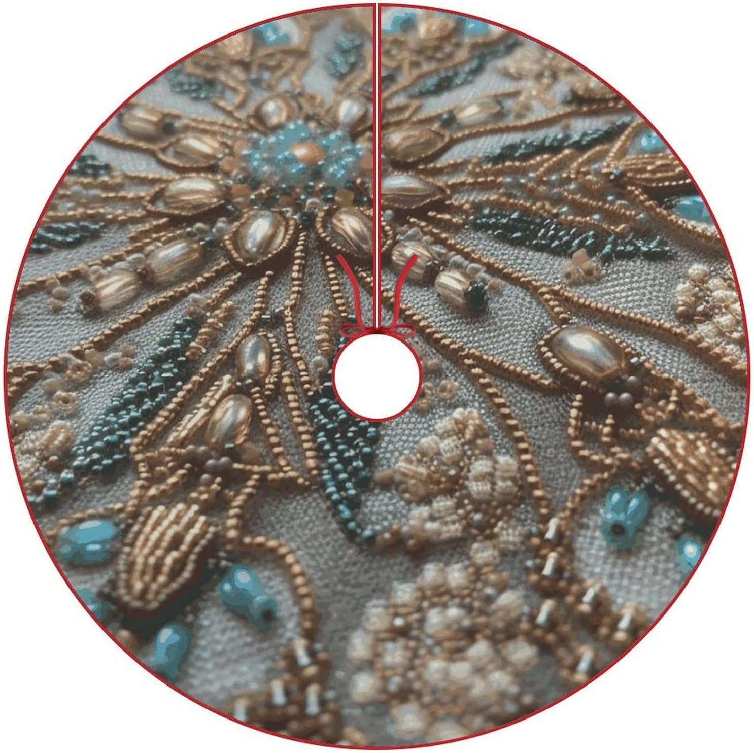 Christmas Tree Skirt,for Xmas Tree Holiday Party Decorations Delicate Beadwork Printed Christmas Tree Mat Red Lace-up Christmas Tree Dress