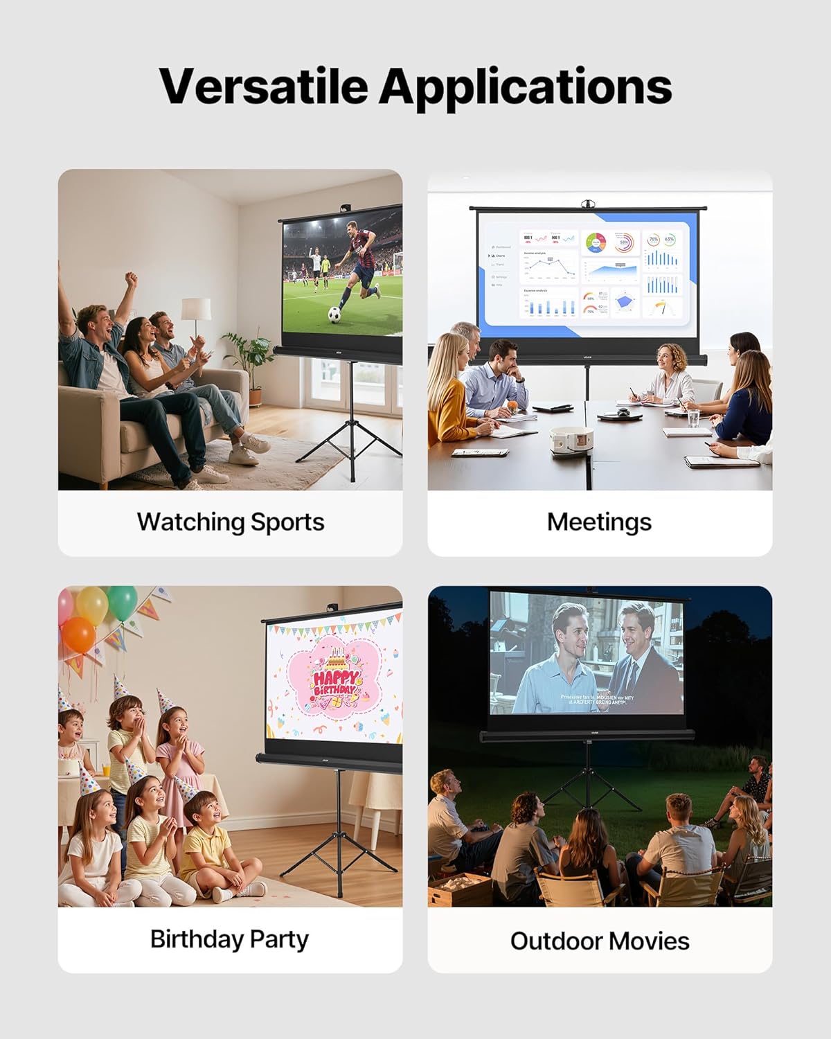 VEVOR Projector Screen with Stand, 60 Inch 160° Wide Angle Indoor Outdoor Projection Screen, 16:9 4K HD Wrinkleless Portable Tripod Screens with Carry Bag, for Movie Home Theater Office Presentation