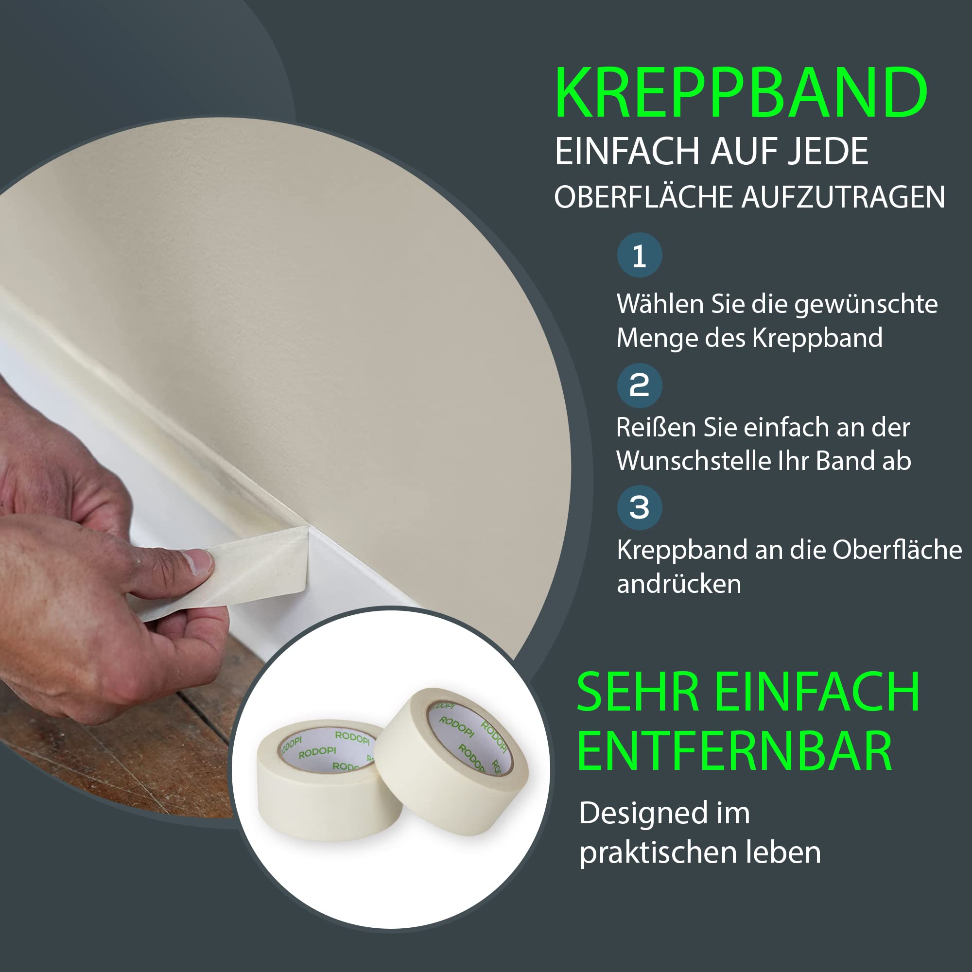RODOPI Kreppband SplashGuard 19mm 25mm 36mm 50mm 100mm Malerkrepp 50m Rolle Abklebeband leicht abtrennbar Malerband Beige Abdeckband für Maler Kreppbänder (50mm, 36 Rollen)