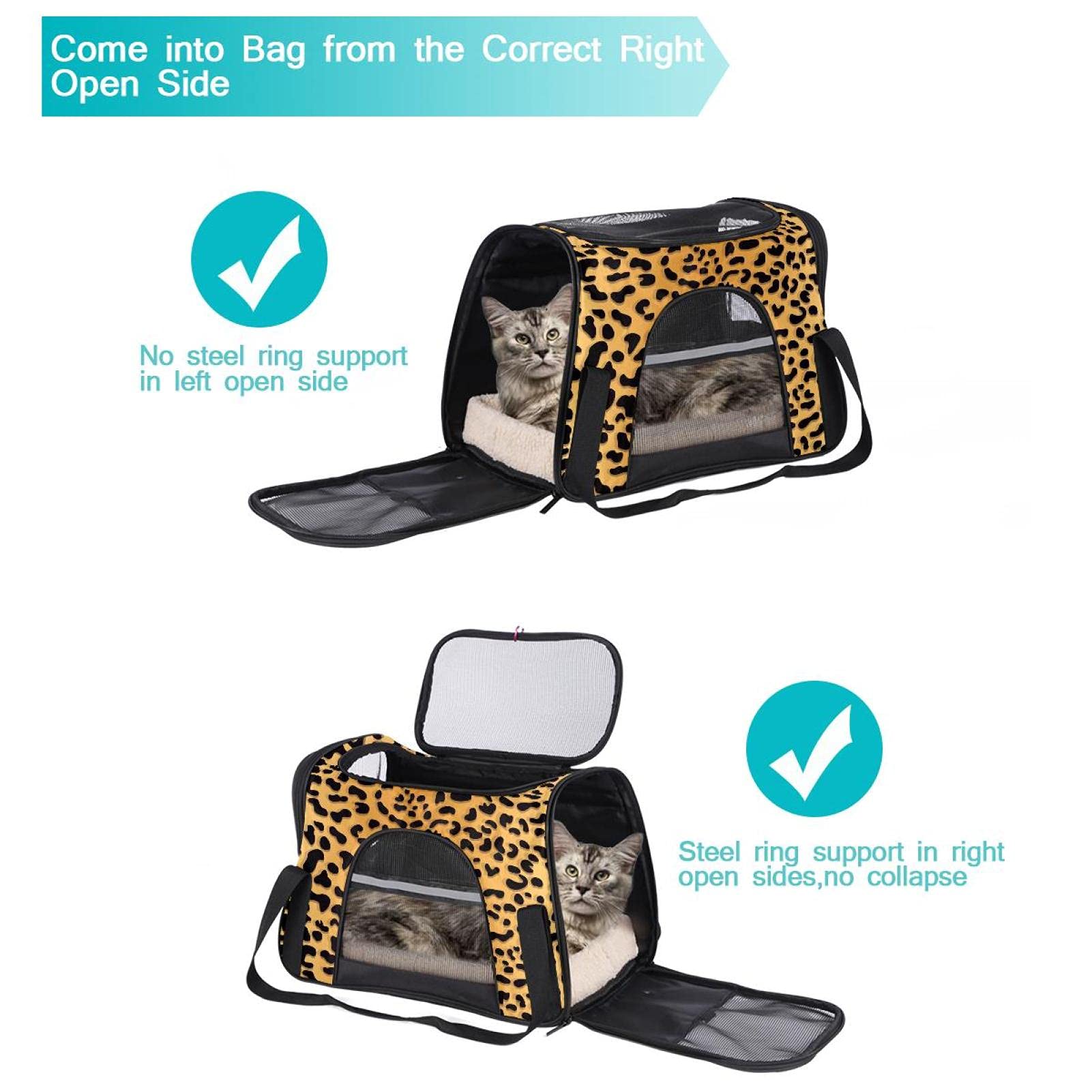 Transportín Perro Gato Estampado de Leopardo Bolsa de Transporte Plegable para Mascotas Transpirable Portador de Viaje para Perro y Gato 43x26x30 cm