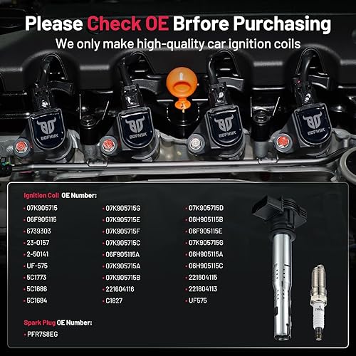 Miniatura 3 de BDFHYK Paquete de bobinas de encendido y bujías de iridio compatibles con Audi Volkswagen 2.0L L4 4.2L V8 para UF575 PFR7S8EG, juegos de 4