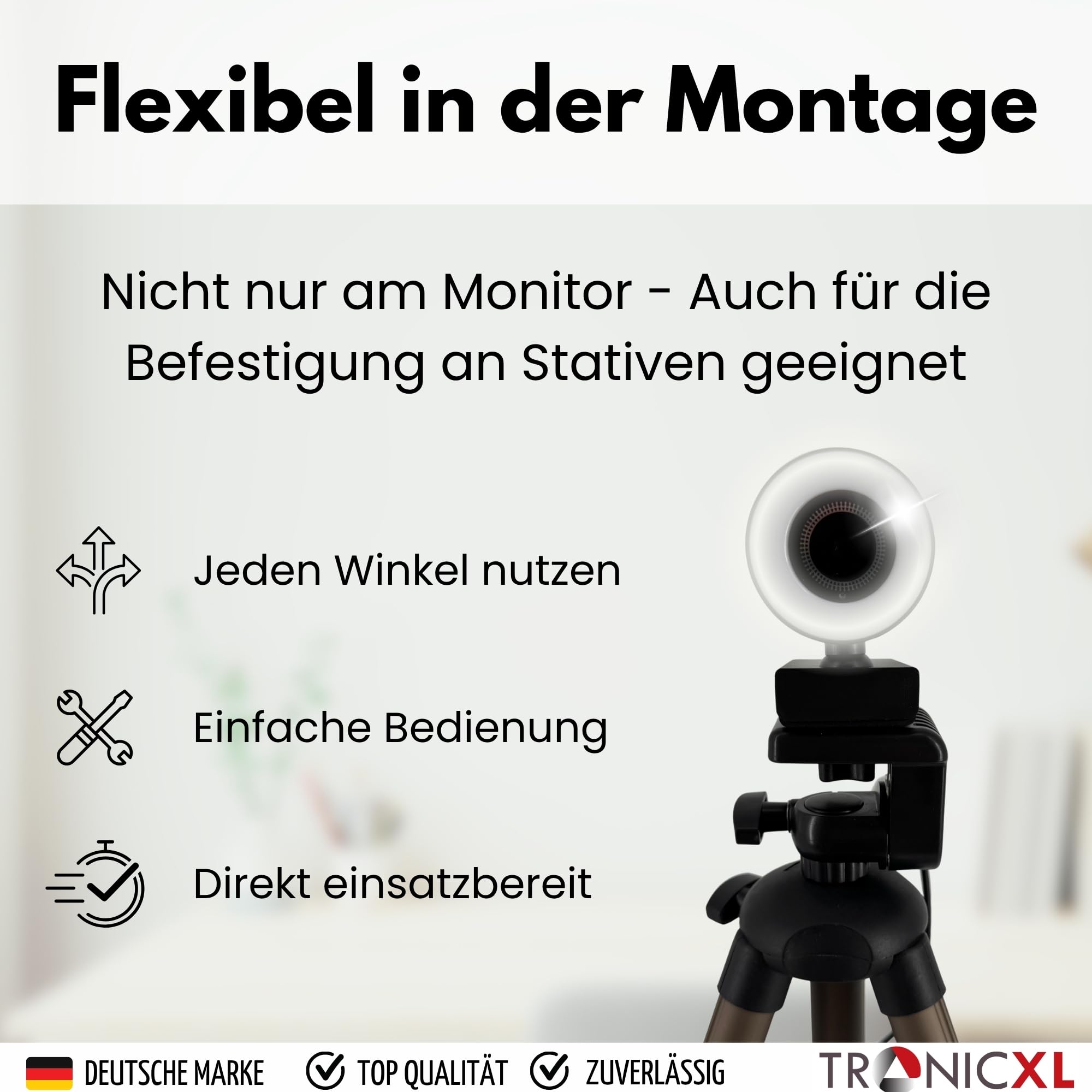 TronicXL Webcam Full HD con luce ad anello lampada 1920 x 1080p autofocus I 2 microfoni cancellazione del rumore sfondo I per streamer streaming videoconferenze gaming computer computer portatile per