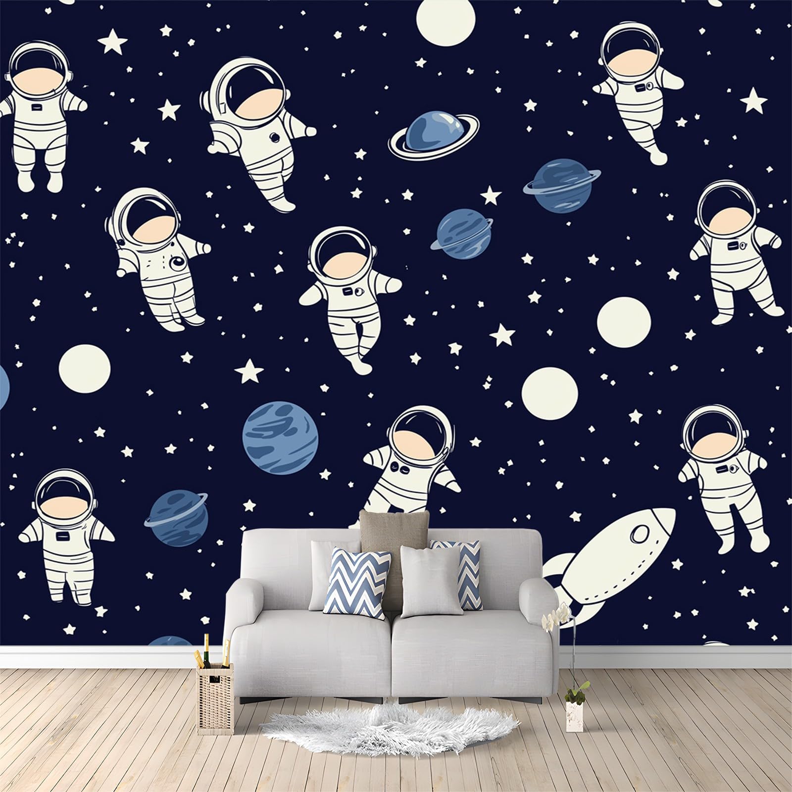 Photo Wallpaper Cute Astronaut and Spaceship Non-Woven Mural Wallpaper 350 x 256 cm Wall Covering for Living Room and Bedroom Decoration Dark Blue Modern Mural Wallpaper for Children's Room