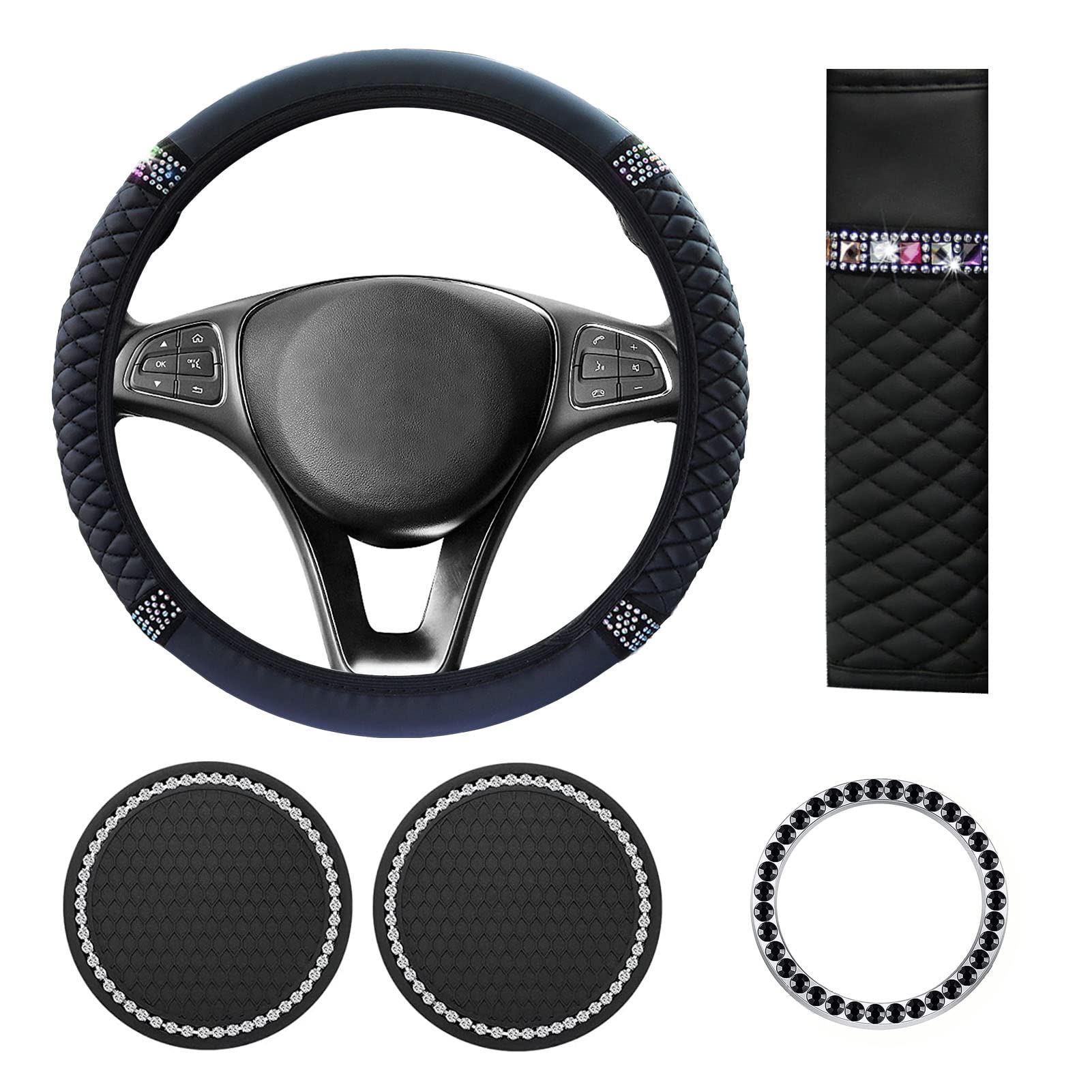 STEVE YIWU Diamond Steering Wheel Cover for Women, Leather Steering Wheel Cover Seatbelt Pads Cup Coasters With Rhinestone Ring Sticker Emblem, 5 Pieces Bling Car Accessories (Black)