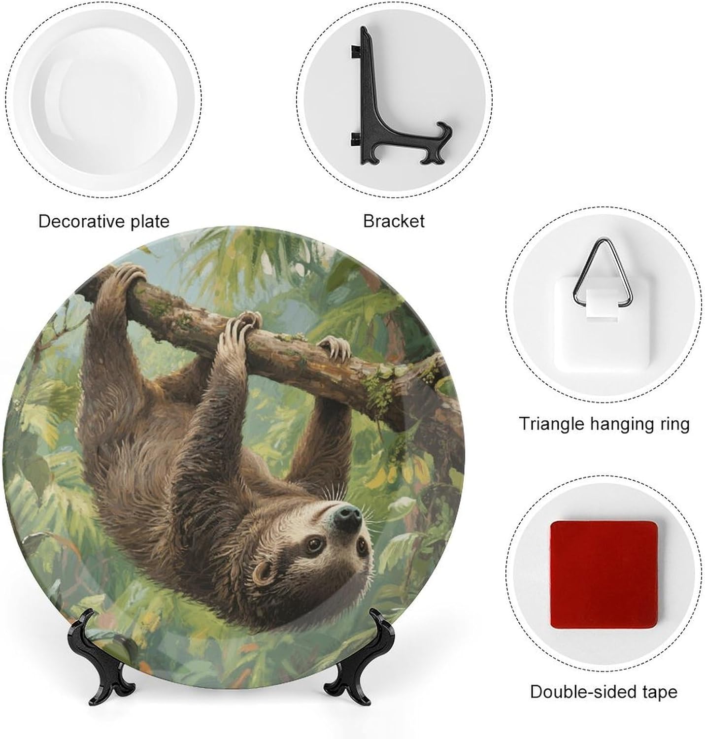 Lazy Sloth Ceramic Plate 10inch Decorative Bone China Wall Hanging Ornament Plates Bohemian Style Dinner Plate with Display Stand Cabinet Display Plates for Home Art Decor