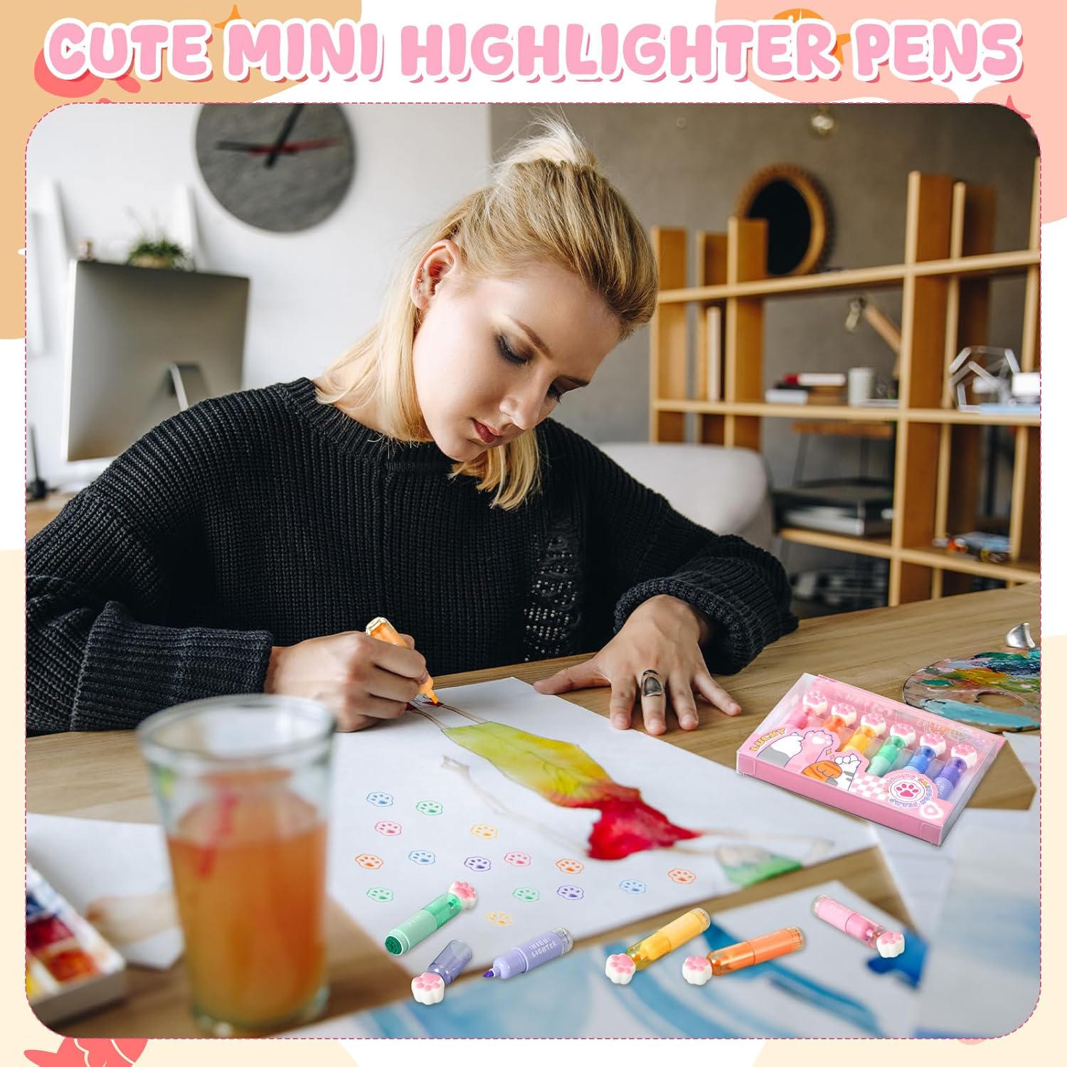 Spiareal 6 Pcs Cute Highlighters with Stamper 2 in 1 Kawaii Multicolor Cat Paw Mini Highlighters Bulk Marker Pens Stamp Set for Rewards Office Birthday Gifts Party Supplies