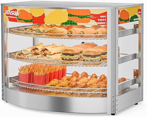 Miniatura 10 de ROVSUN Calentador de alimentos de 3 niveles, calentador de pizza para encimera, pantalla de calentador de alimentos comercial con iluminación LED