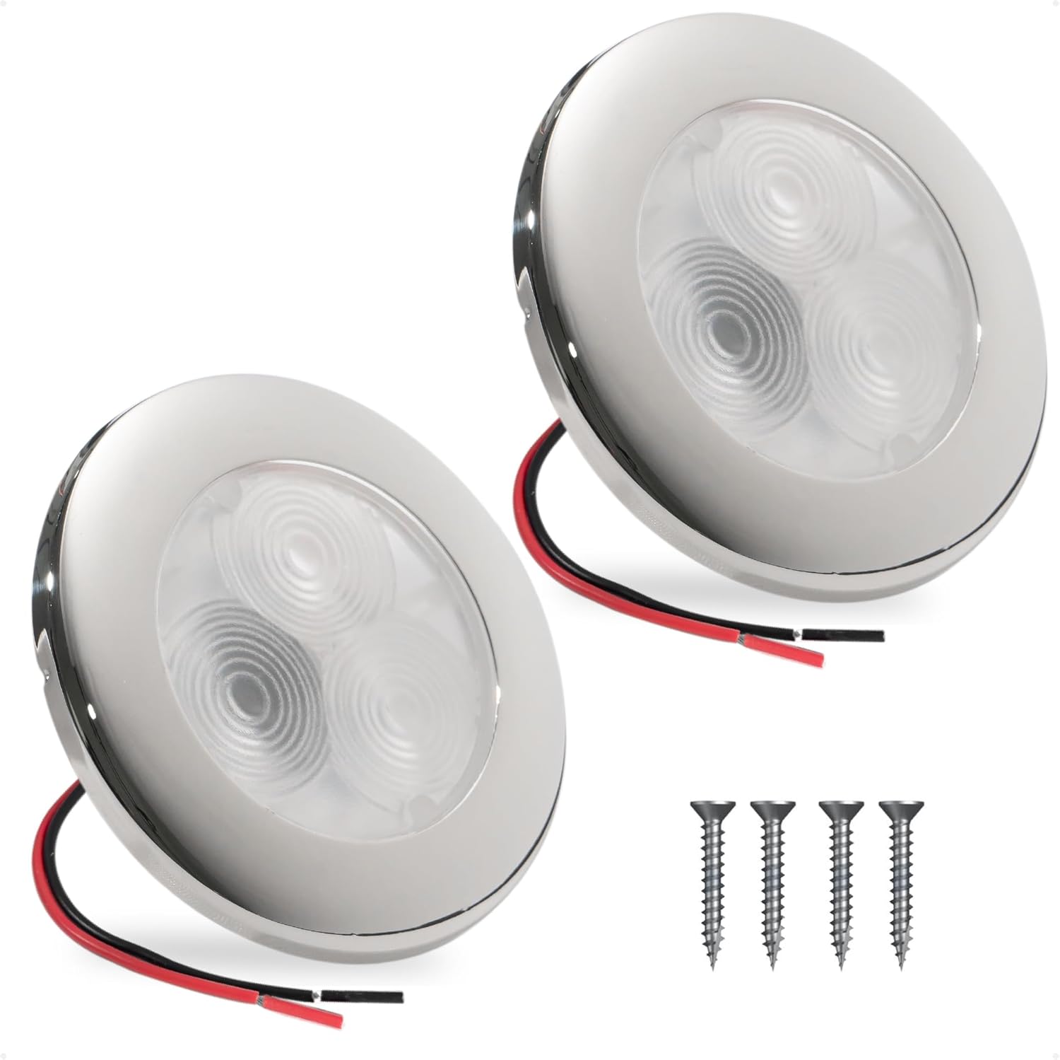 Five Oceans LED Marine Courtesy Lights, 2-Pack, 3-Inch Boat Ceiling Light, Round Cockpit Light, Boat Cabin Light, Blue LED, 12-24V, IP66 Waterproof, Flush Mount for Boat Truck RV Trailer - FO4135-M2