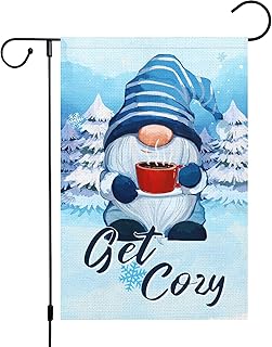 Louise Maelys Welcome Winter Gnome Garden Flag 12x18 Double Sided, Burlap Small Vertical Get Cozy Blue Coffee Pine Trees Garden Yard House Flags for Christmas Winter Seasonal Outside Outdoor House Decor (ONLY FLAG)