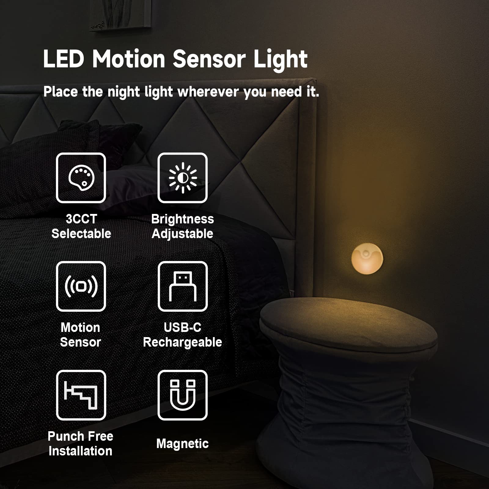 Alastech LED Night Light, Rechargeable Closet Light, Dusk to Dawn Sensor, Small Nightlight Automatically Turn On & Off, Compact Size, Adjustable Brightness & Color, 2 Pack