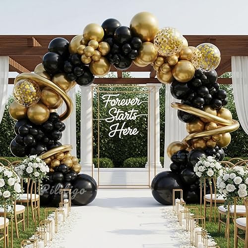 Miniatura 6 de Kit de arco de globos negros y dorados, globos negros mate y dorados metálicos de 51218 pulgadas con globos de confeti dorado y globos largos
