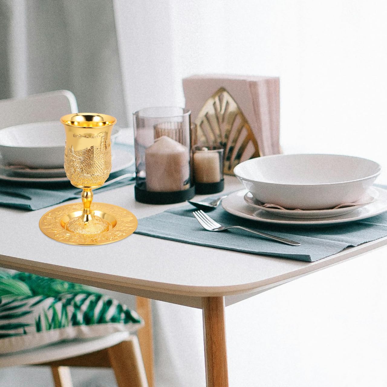 Luxshiny Kiddush Cup with Saucer Set 5.90In Judaica Shabbos Wine Goblet Passover Holiday Gift for Family and Friends