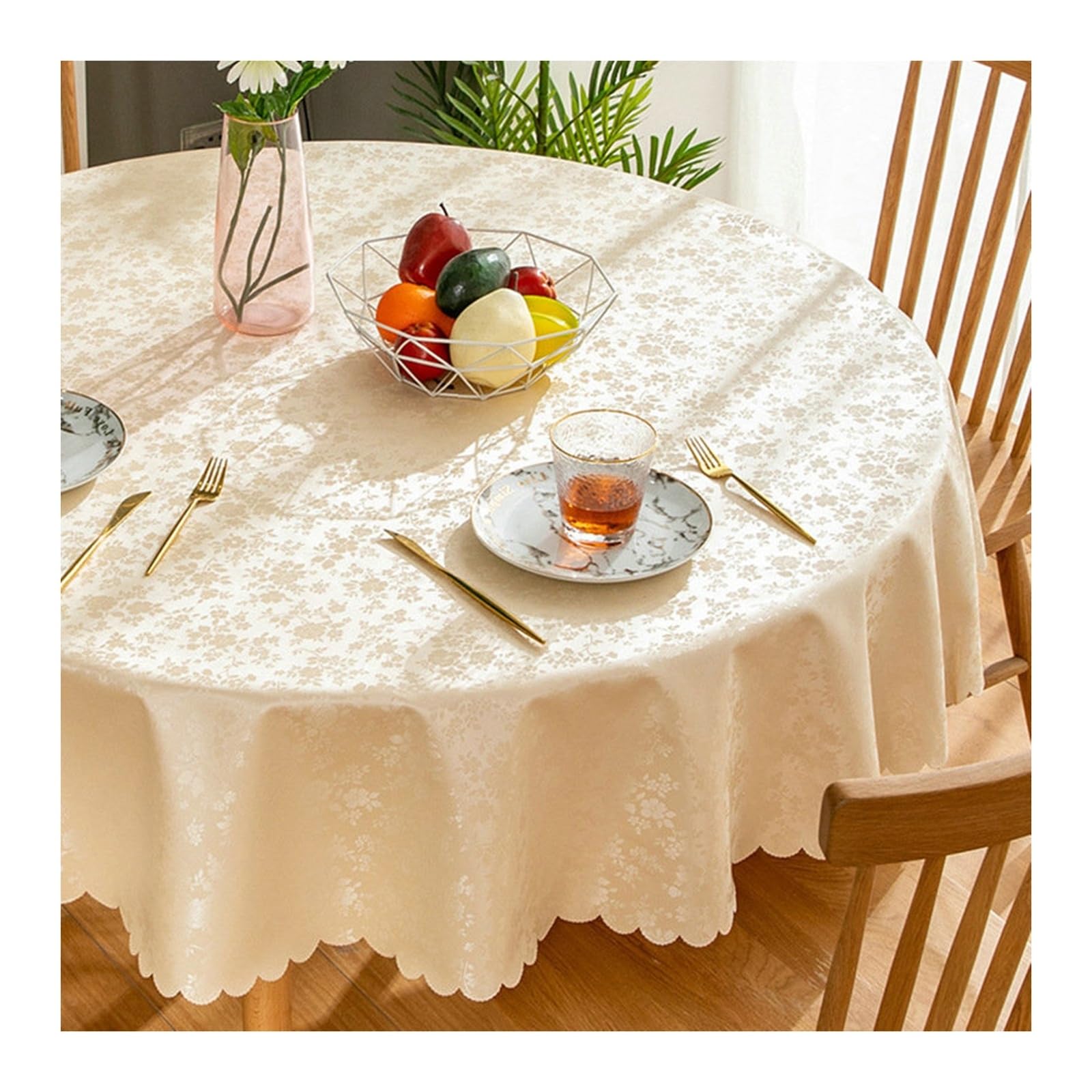 Nappe ronde 160cm en jacquard de polyester champagne chic KnSam