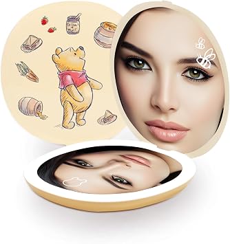 Impressions Vanity Winnie The Pooh 11 Oclockish LED Compact Mirror with 3X Magnified Top Mirror, Winnie The Pooh Artwork Travel Mirror with Touch Sensor LED Lighting and Adjustable Brightness