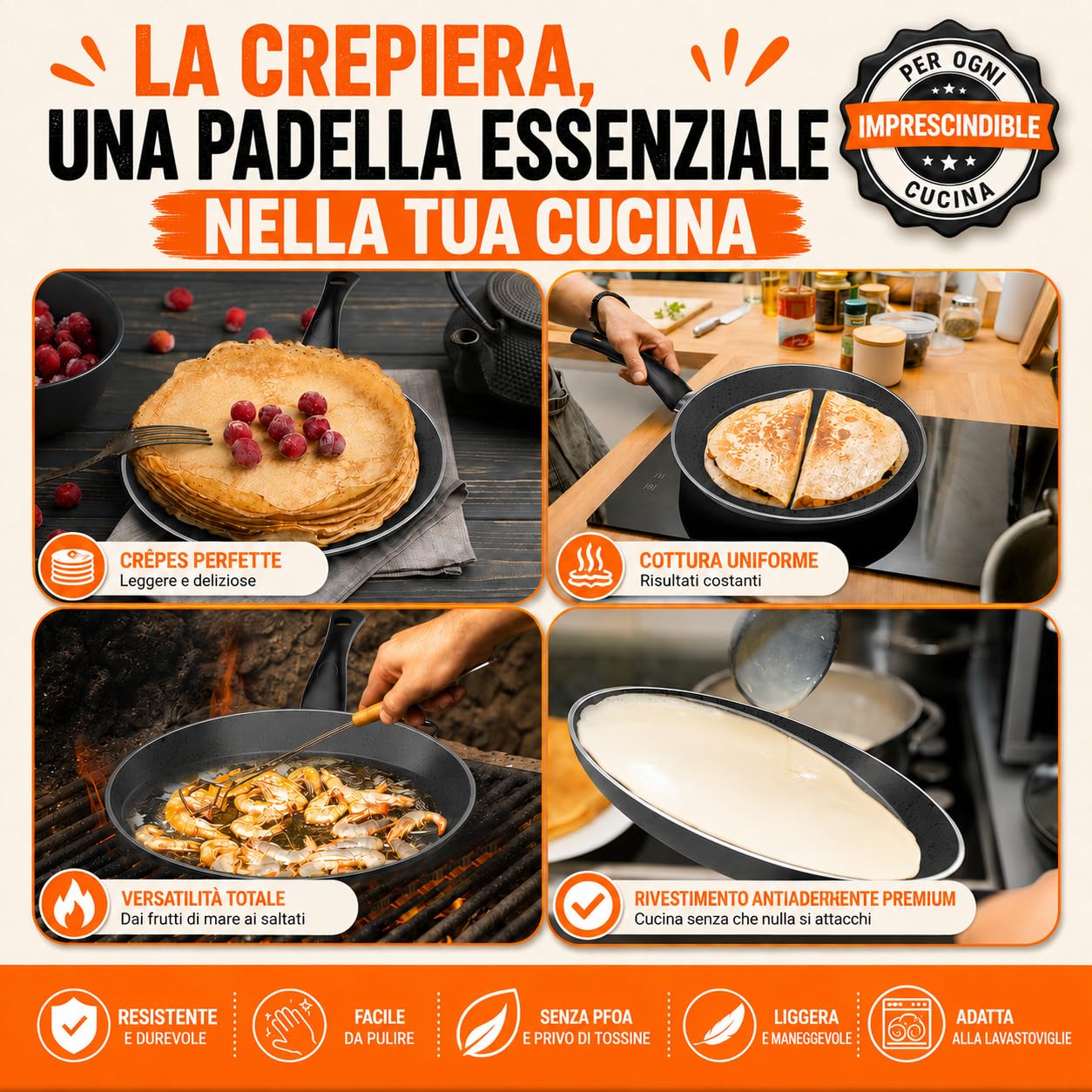 TEHORNEO Padella Crepes, Padella per Crepes 28 cm Alluminio Antiaderente, Crepiera, Padella per Piadina, Padella Piadina, Crepiera Induzione 28 cm, Adatto a Induzione, Vitro, Gas