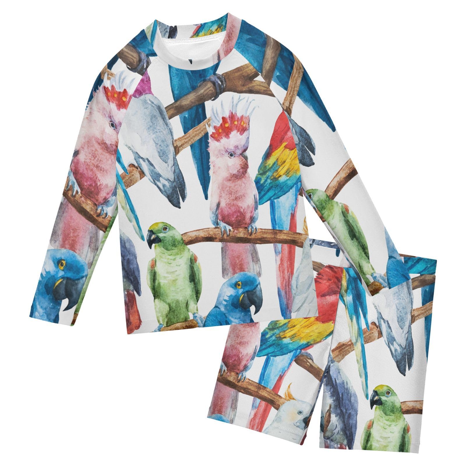 Aflyko Boys 2-Piece Swimwear Cockatoo Parrot Watercolor Rashguard Set Swim Trunks with Shirt Soft Fabric Board Shorts Comfy for Everyday Swimmer, 5-6T Multicoloured