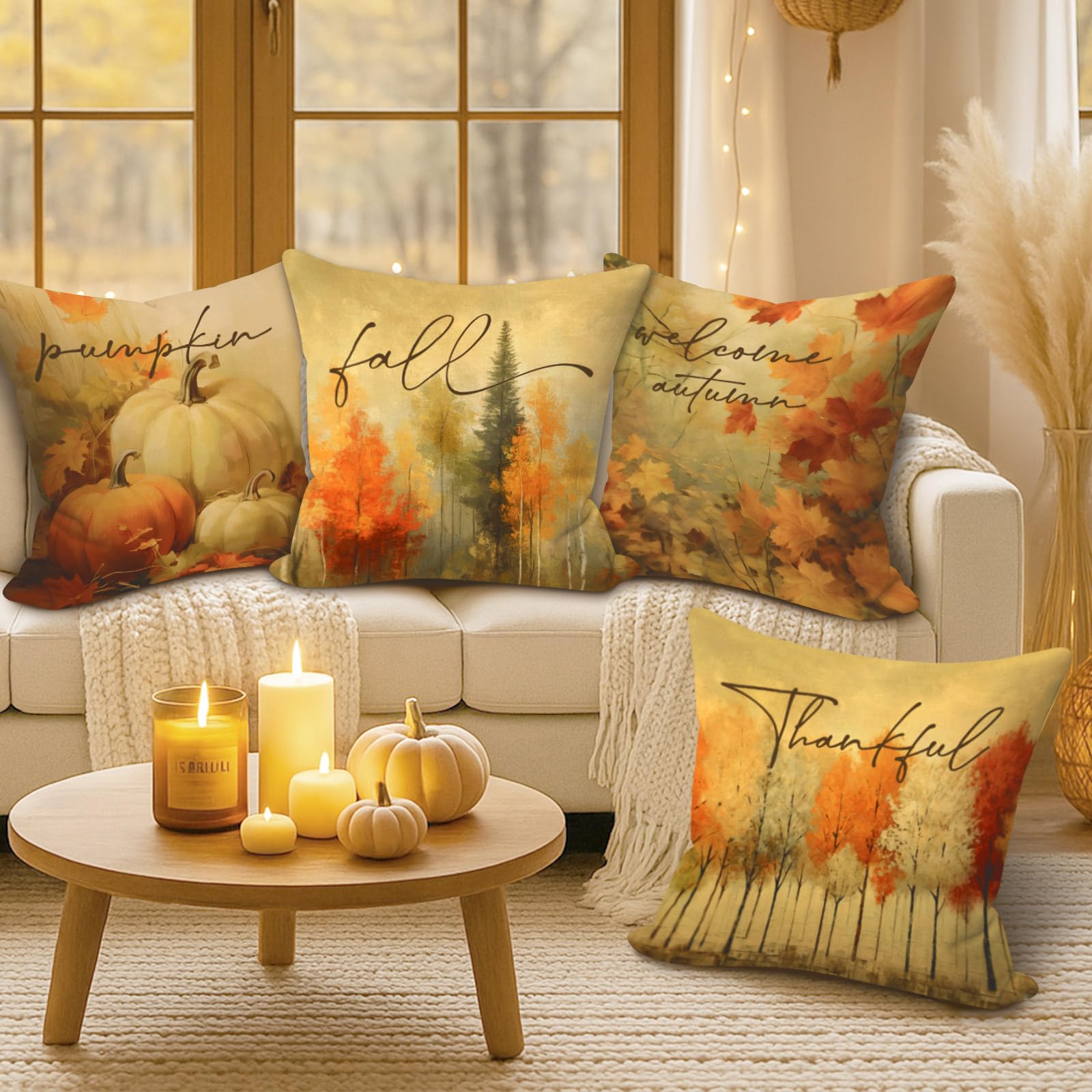 Benjia Juego de 4 Fundas Cojin Otoño 45x45 cm, Acuarela Calabaza Forest Hoja de Arce Fundas de Almohada día de Gracias Halloween sofá Decoración Hogar 45 x 45 cm Decorativa de Almohada de Vacaciones