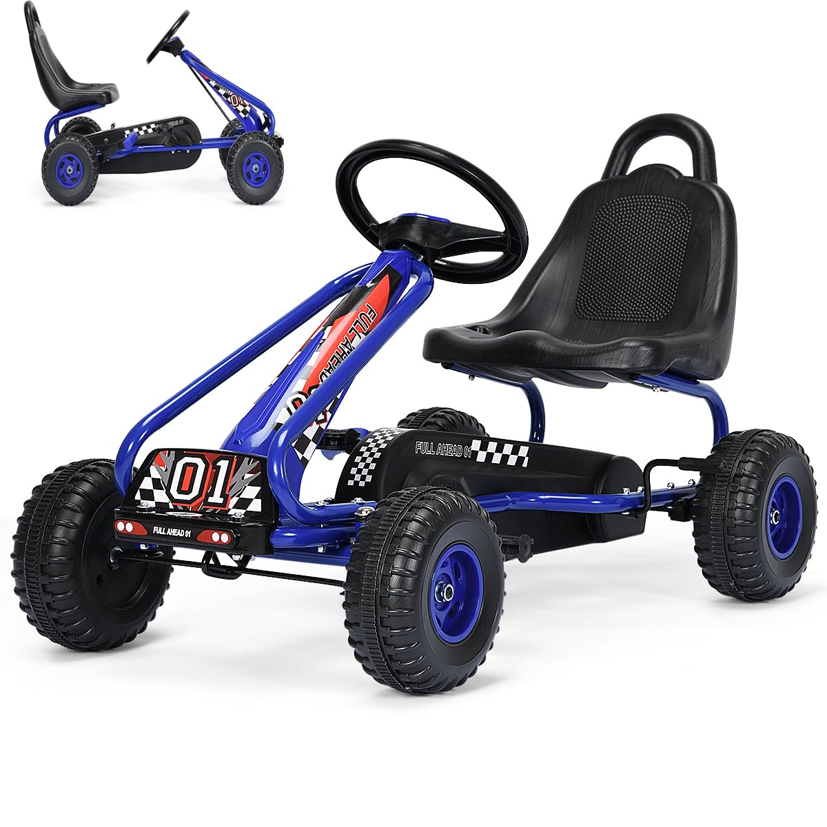 SOARS Kart Pedales para Niños de +3 Años, Kart con Asientos Regulable en 2 Posiciones y 4 Ruedas Antideslizantes, Marcha Adelante y Atrás, Kart con Freno de Mano, Carga Máxima 30kg (Azul)