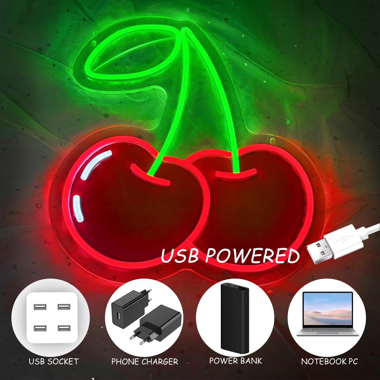 Insegna al neon a forma di ciliegia, decorazione da parete, dimmerabile, con stampa di frutta, luci al neon al neon a tema frutta vibrante per camera dei bambini, camera da letto, ristorante, bar