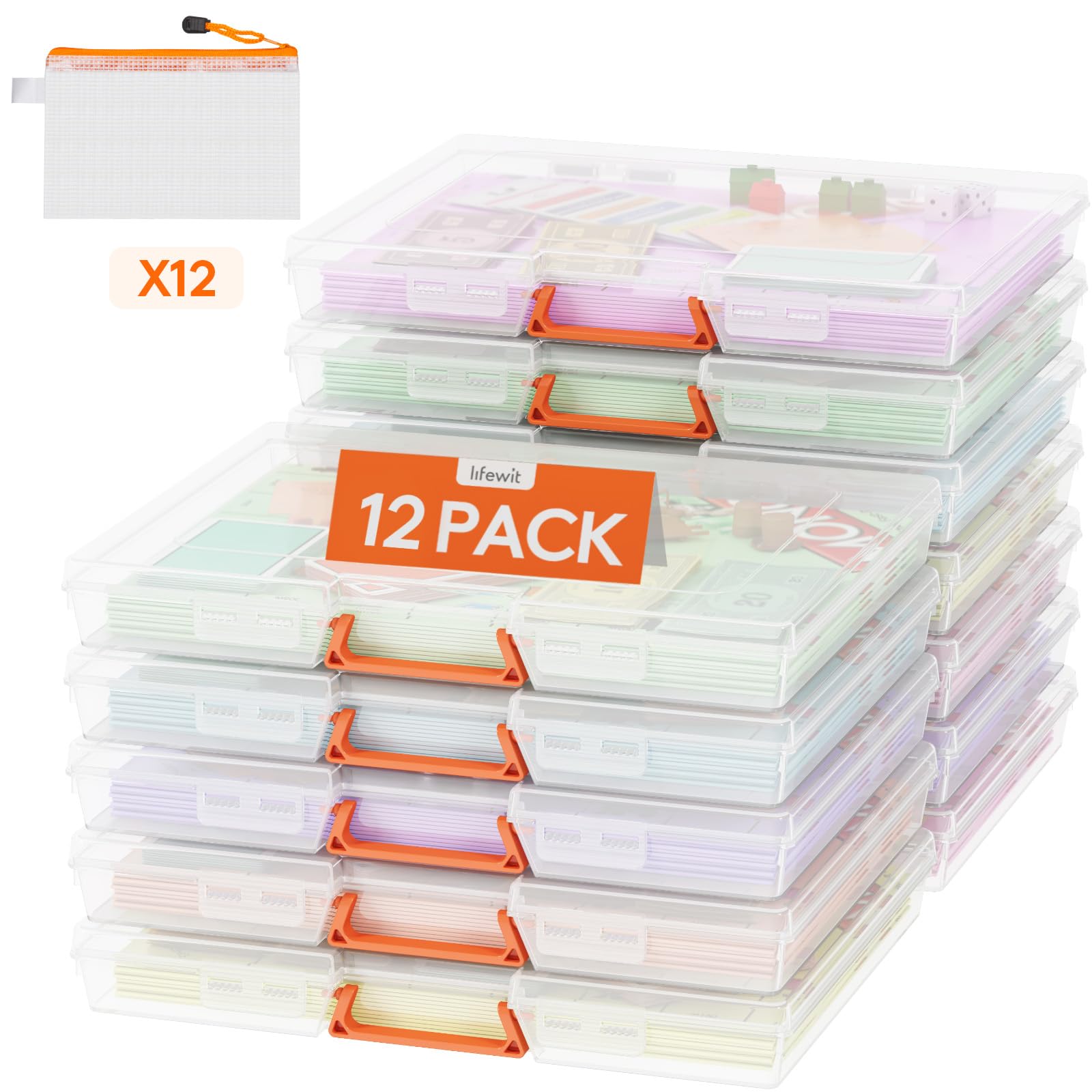 Lifewit 12 Pack Plastikowe Organizatory Gier Planszowych i Przechowywanie z Dodatkowym Woreczkiem Zamek, Przenośne Pudełko do Przechowywania Projektów do Papieru A4, Pliku, Dokumentów