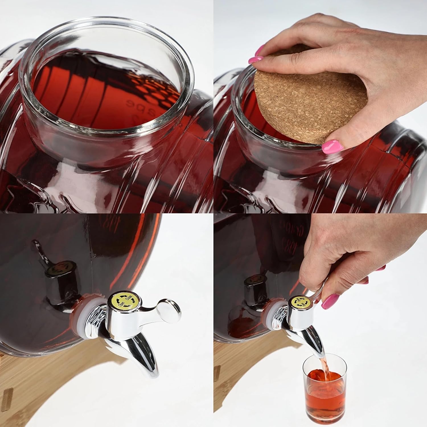 Getränkespender Glas mit Zapfhahn und Holzständer, Glasfass mit Korkdeckel, Limonadenspender für Party, Hochzeit, Garten, Grillabend, Saft, Eistee, Bowle, Likör und Wein (3L)