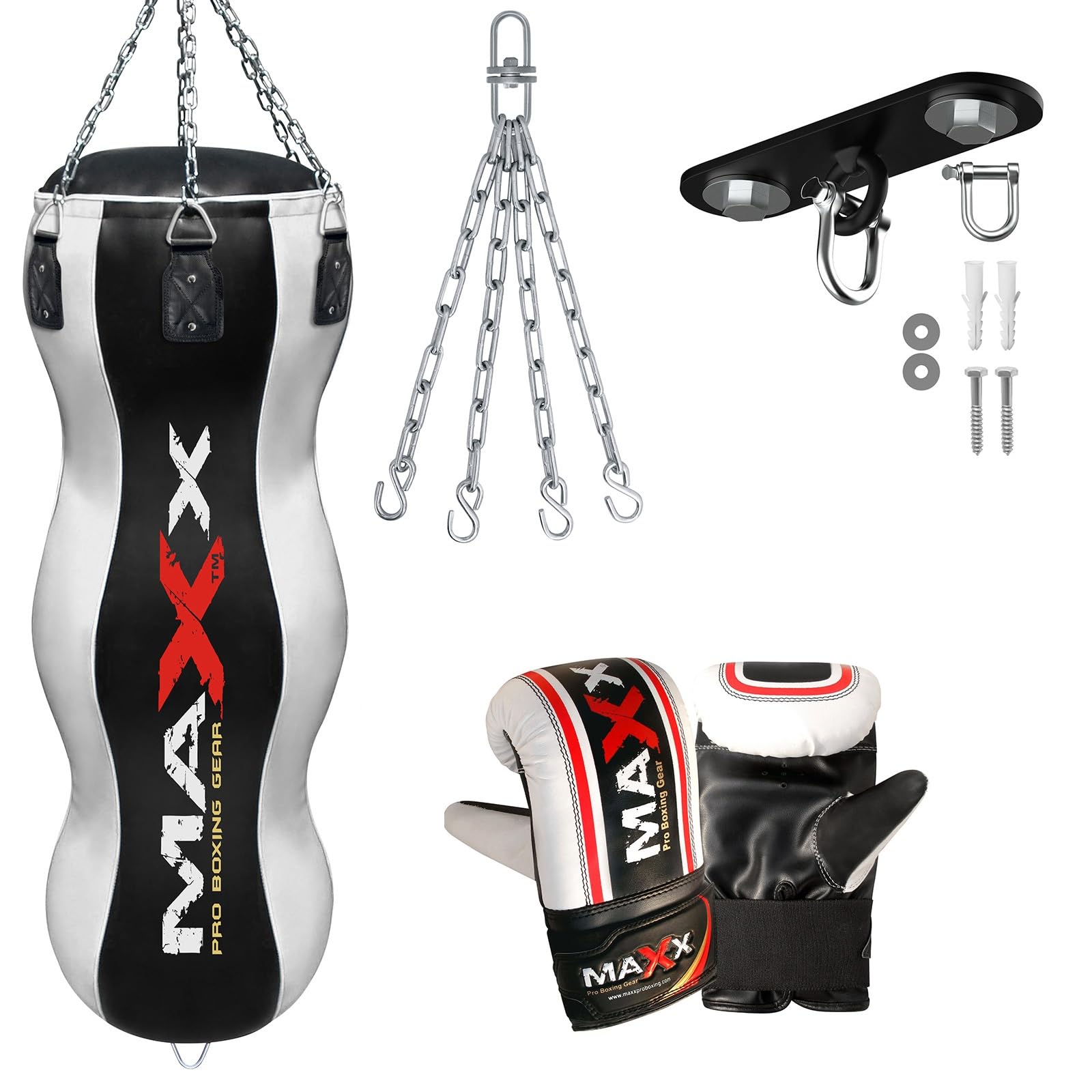 Maxx Black/White Heavy Duty Punch Bags - Uppercut, Triple, Angle, Wrecking & More (TRIPLE BAG, BAG WITH HOOK+MITTS)