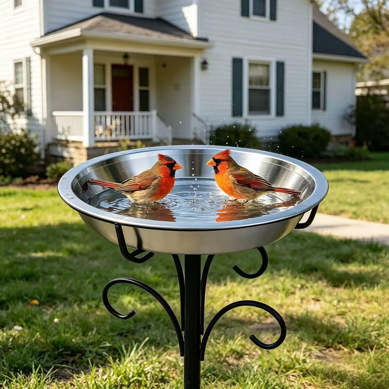 Fire Beauty Staked Stainless Steel Bird Bath for Outdoor Backyard Wildlife