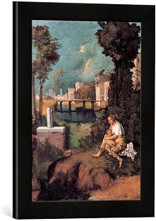 kunst für alle Gerahmtes Bild von Giorgione La Tempesta, Kunstdruck im hochwertigen handgefertigten Bilder-Rahmen, 30x40 cm, Schwarz matt