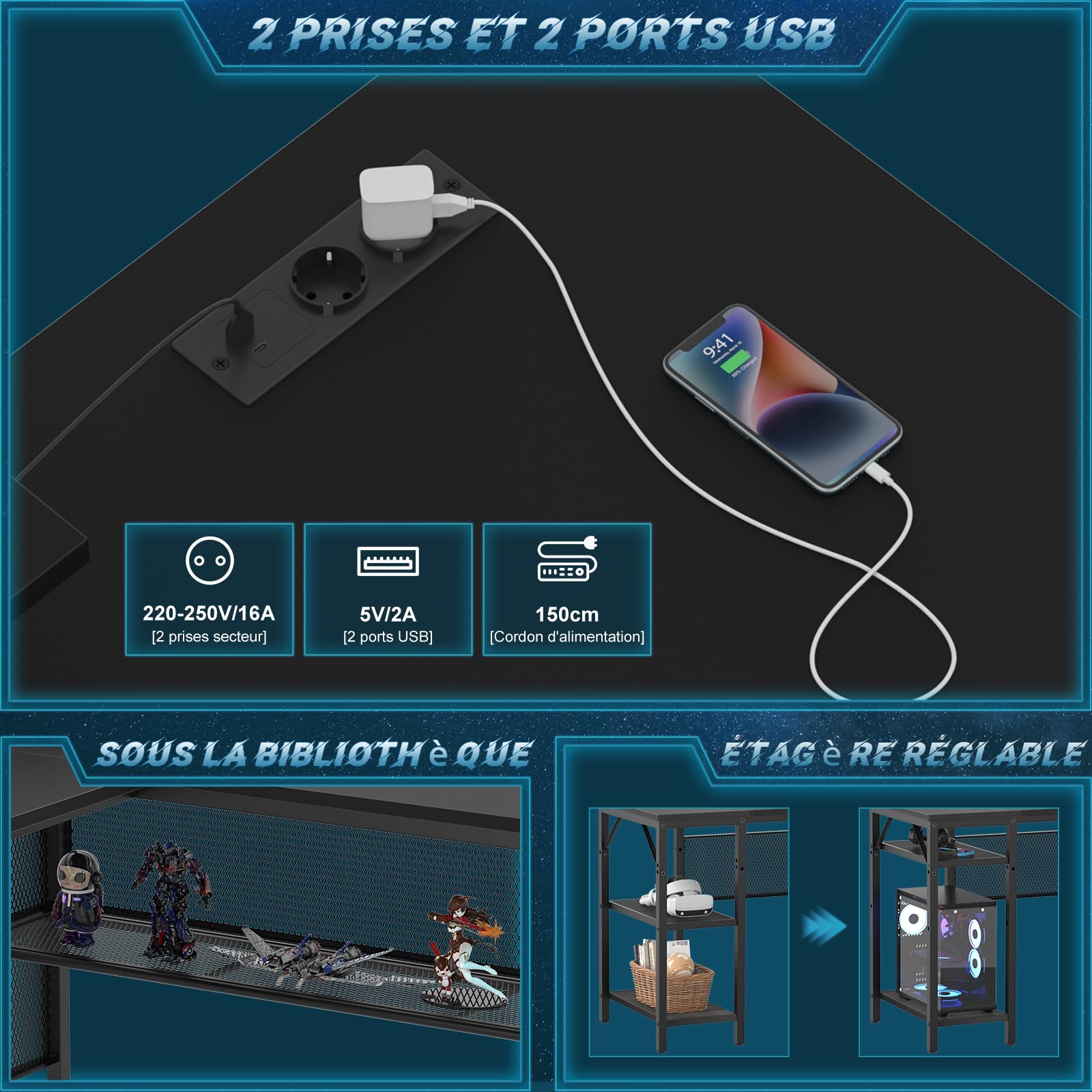 iSunirm Bureau Gaming en Forme de L,141 x 117 x 76 cm Bureaux à Domicile avec LED et Prises,Bureau d’Angle avec Étagères Rangement pour Etudier Travailler Chambre Domicile,Noir