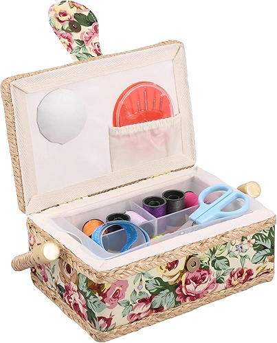 Caixa de costura, cesta de costura de grande capacidade, caixa de armazenamento portátil, à prova de poeira, acessórios para economia de espaço, bandeja com alfinete, bolso para agulhas, fita