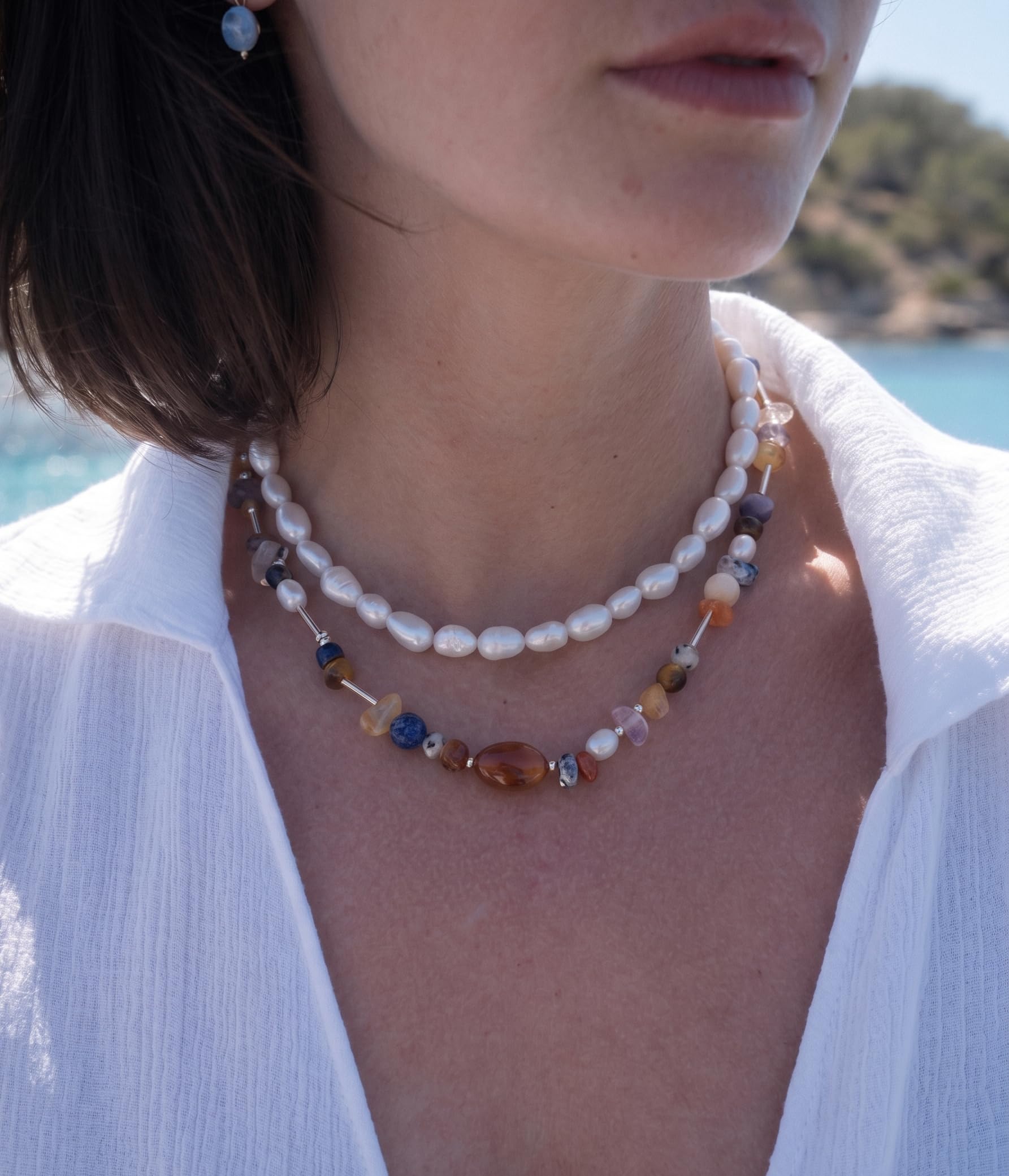Purelei® Collana Hawaiian Sunset – con agata rossa, citrino, diaspro e perle d'acqua dolce – Acciaio inossidabile placcato oro 18 carati – collana da donna 40 – 45 cm – dichiarazione colorata in look