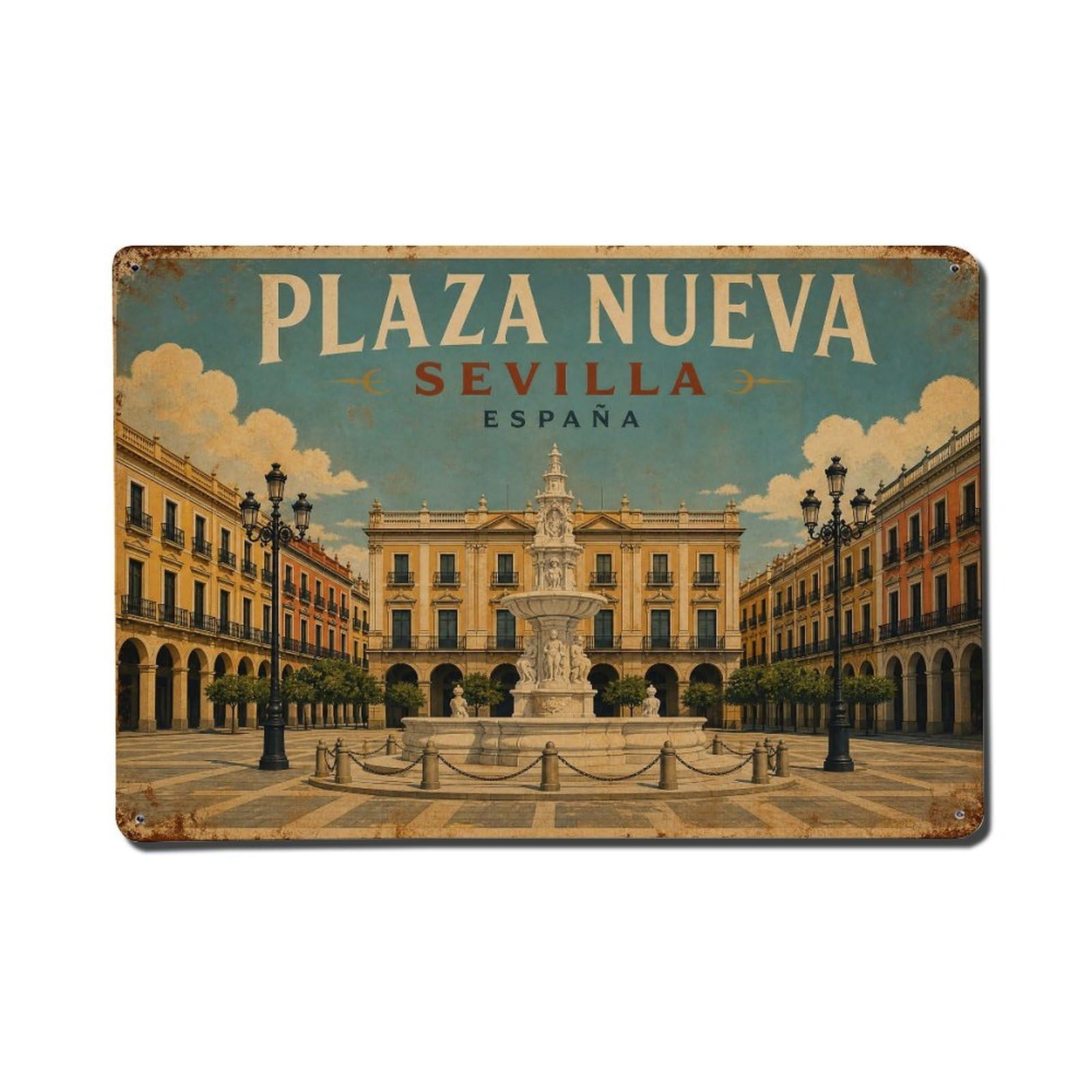 Vintage Travel Plaza Nueva Seville City Square Fountain Metal Tin Sign