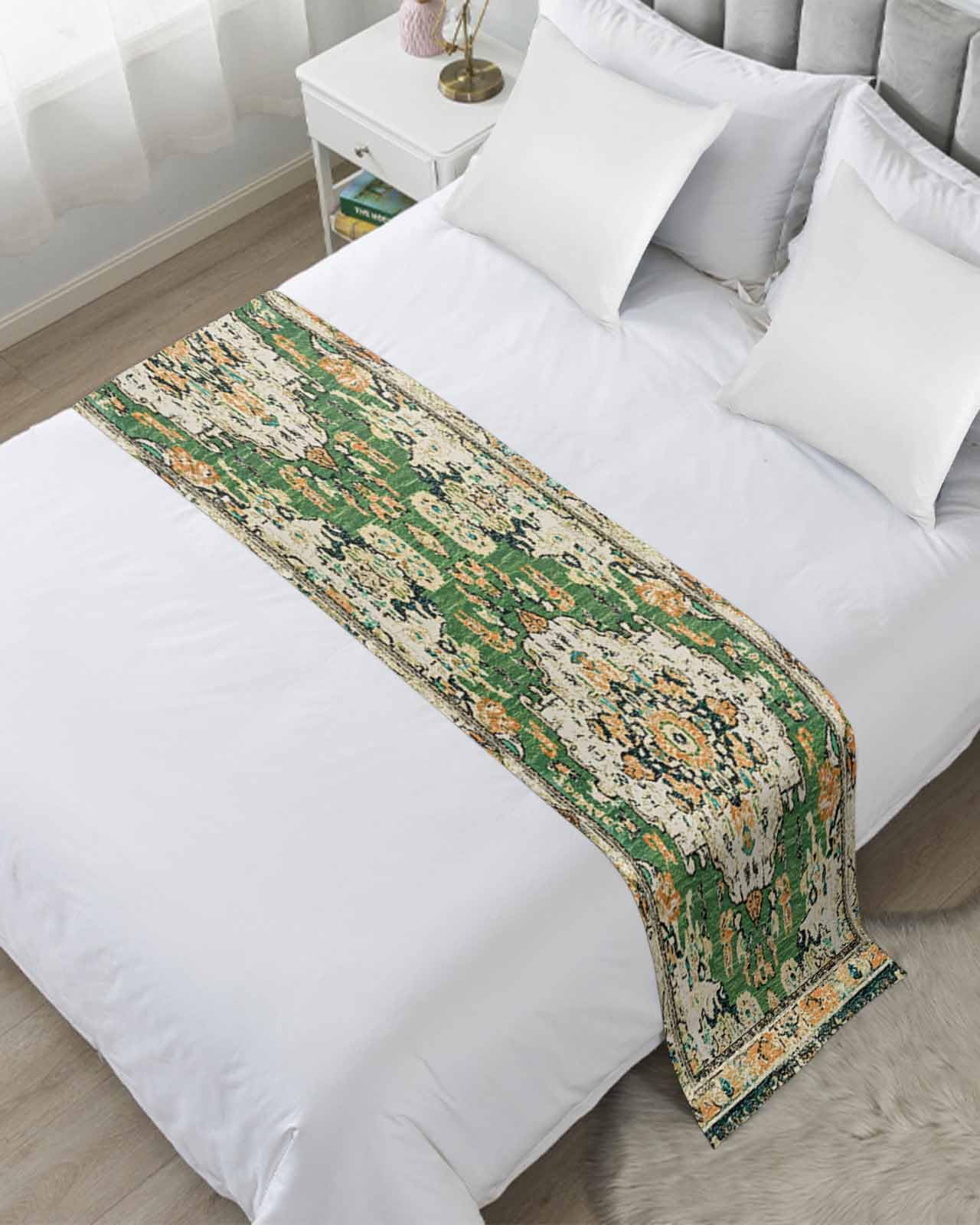 Green Boho Bed Runner Scarf for Cal King Size Bed Foot,Decorative Bedding Accessory Stainproof & Dustproof Soft Protector For Bedroom Wedding Room Farmhouse Tribal Vintage Tribal Texture 102
