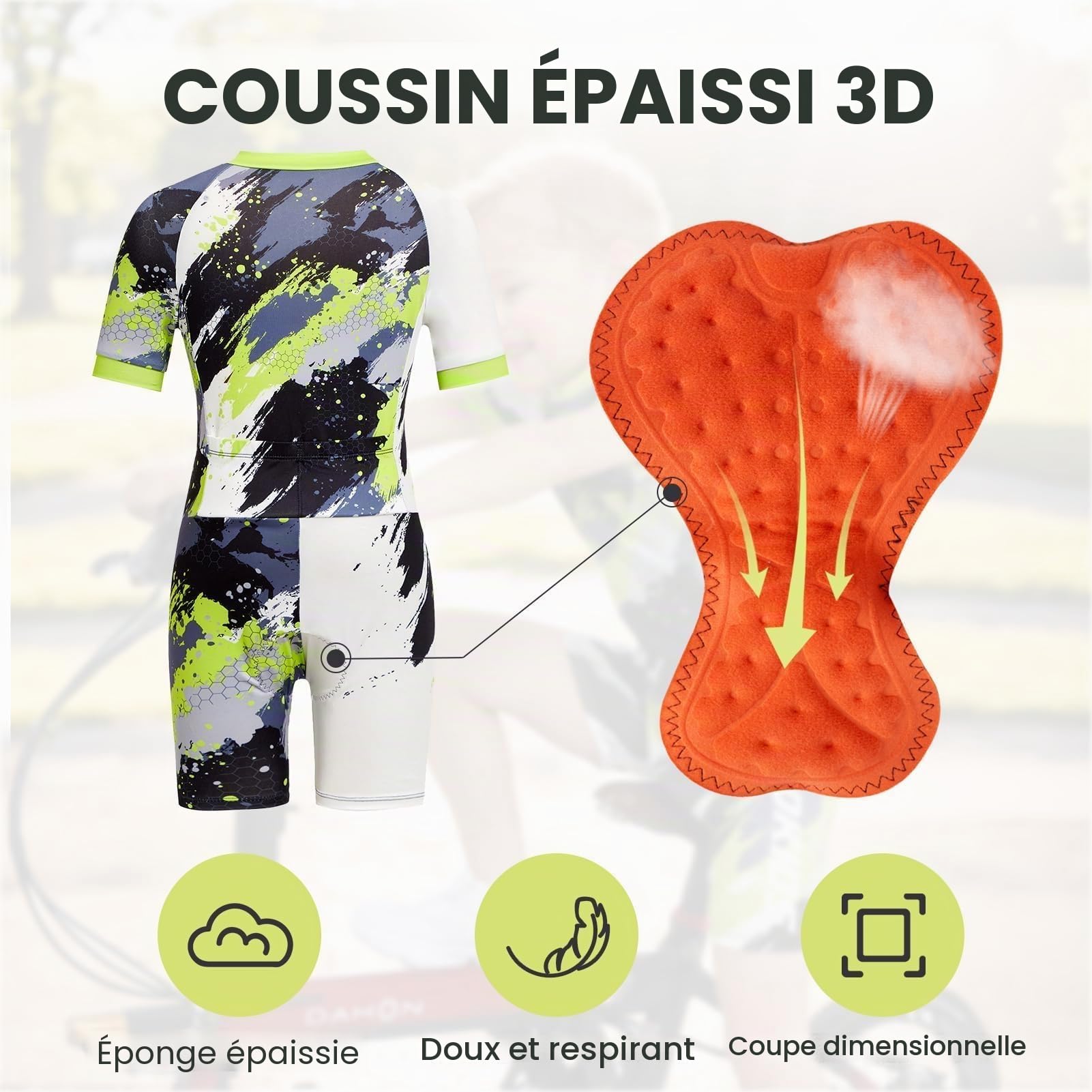 Gogokids Maillot de cyclisme à manches courtes pour garçon avec coussin 3D