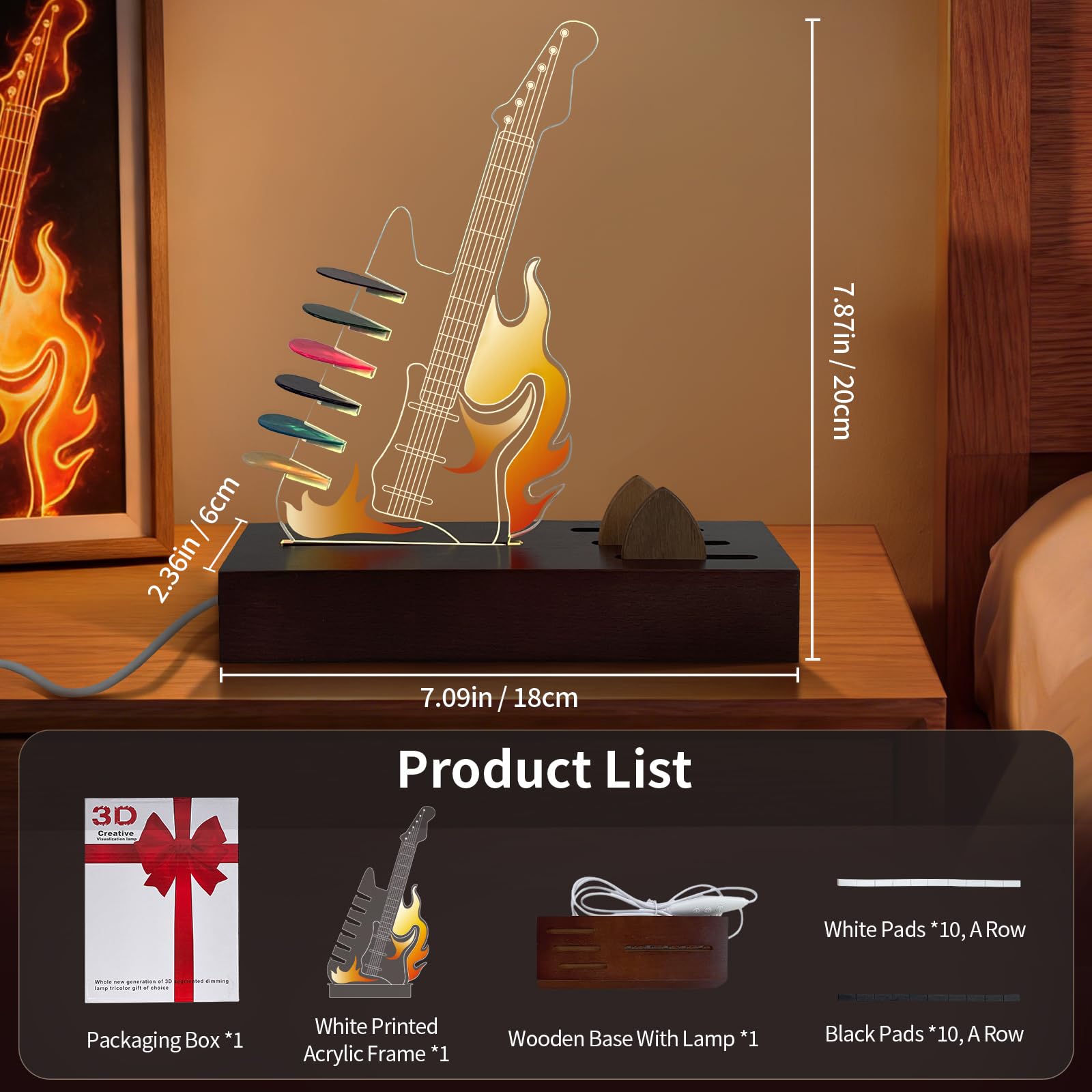 Porta plettro per chitarra illuminato, 7 colori con luce LED, display per plettro per chitarra in acrilico, alimentato tramite USB, accessorio per chitarra, può contenere 6 plettri, regalo per uomini