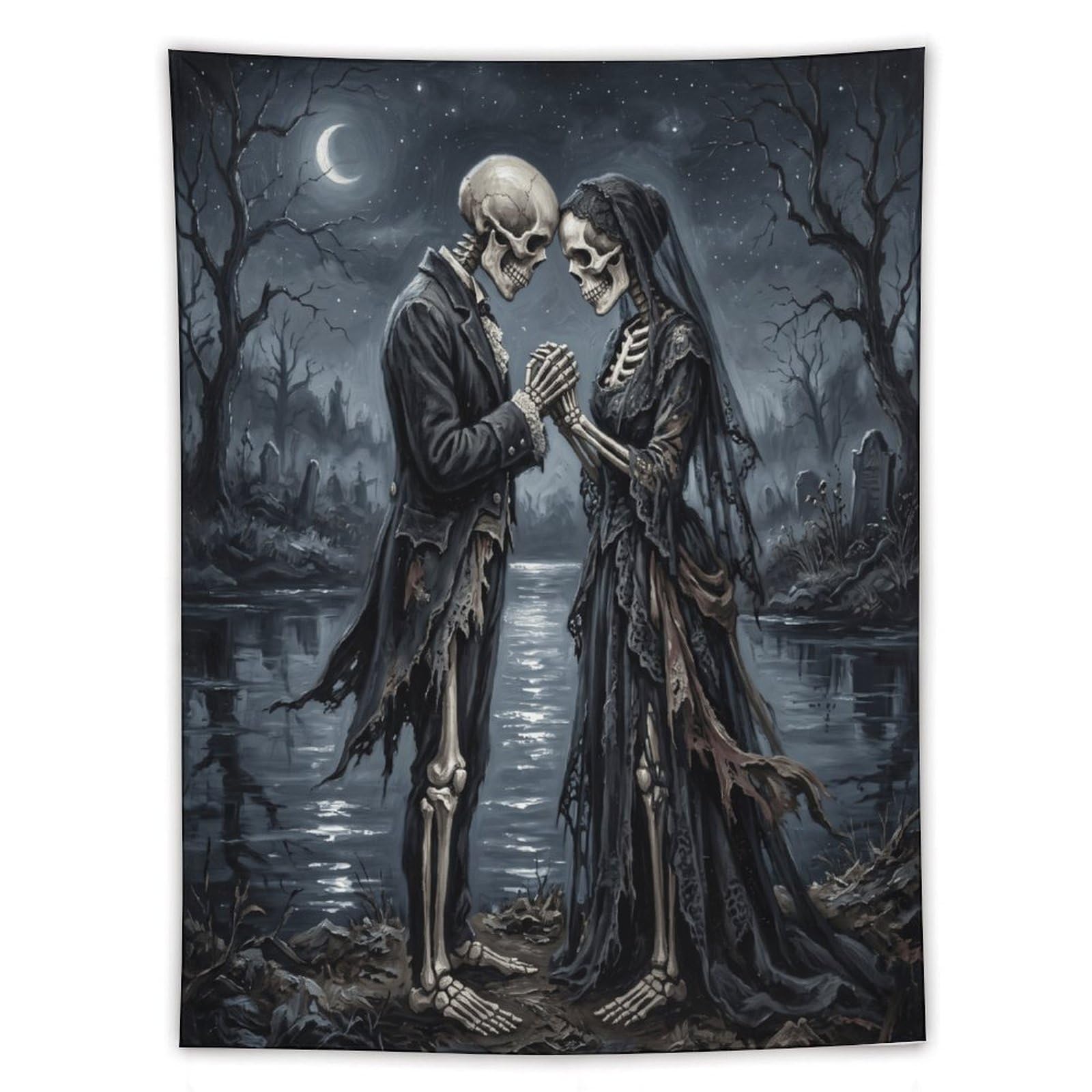 W7C8U2X3 Moonlit Skeleton Couple Wall Tapestry, Gothic Oil, Entryway