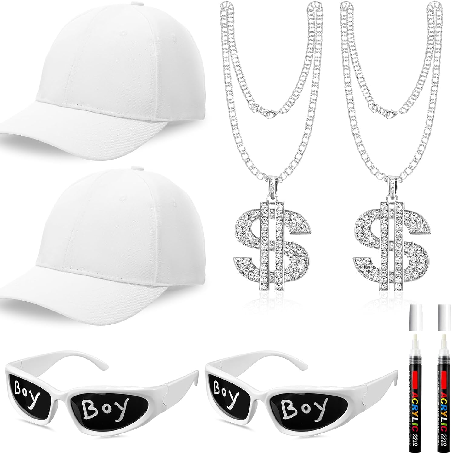 Yahenda 8 Pcs Hip Hop Costume Kit 2000s 80s 90s Rapper Accessories Costume for Men Women Rapper Sunglass Hats Chain and Pens