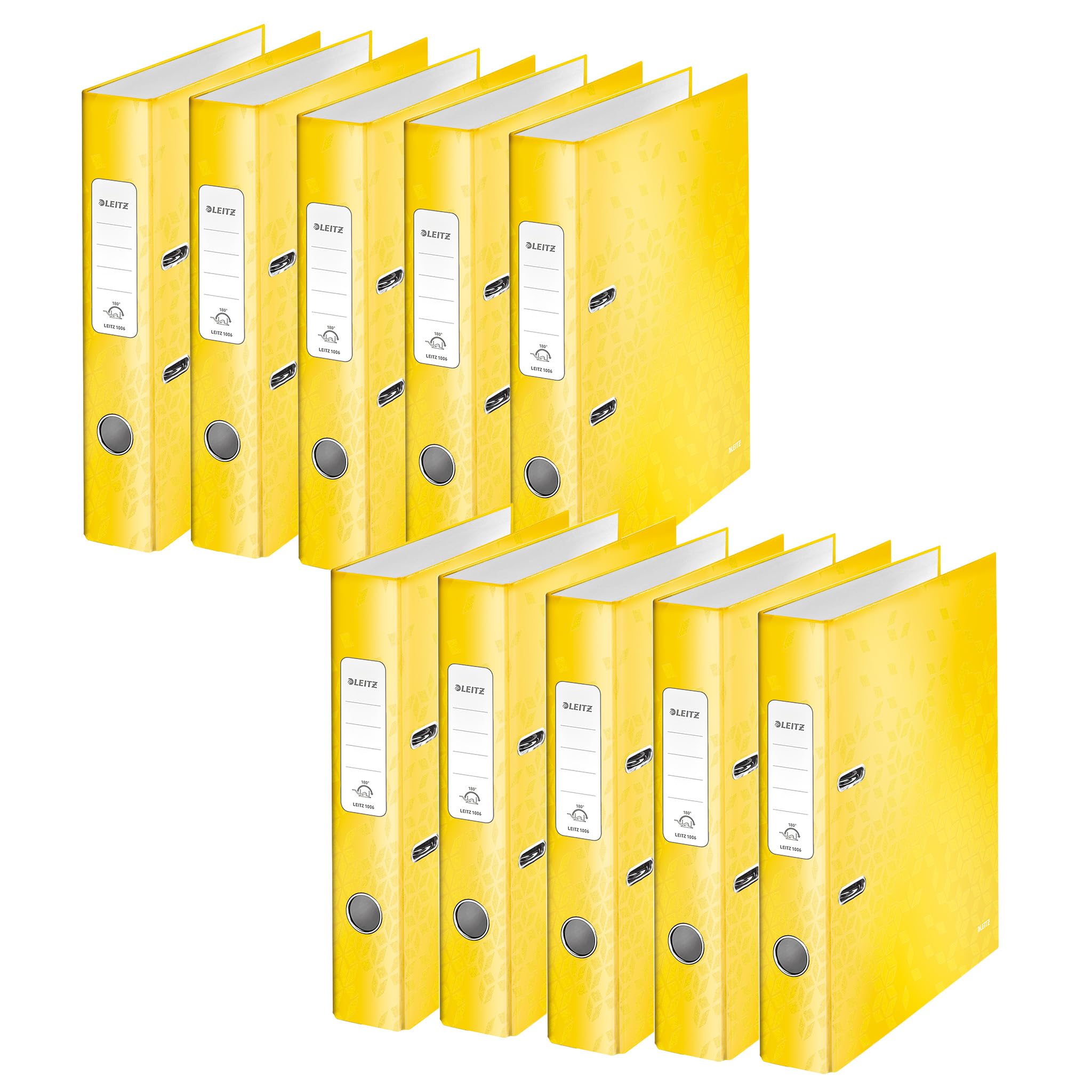 Leitz 10060016 - Raccoglitore di qualità, 180°, formato A4, sottile, larghezza dorso 5,2 cm, bordo grigio laminato, giallo, serie WOW
