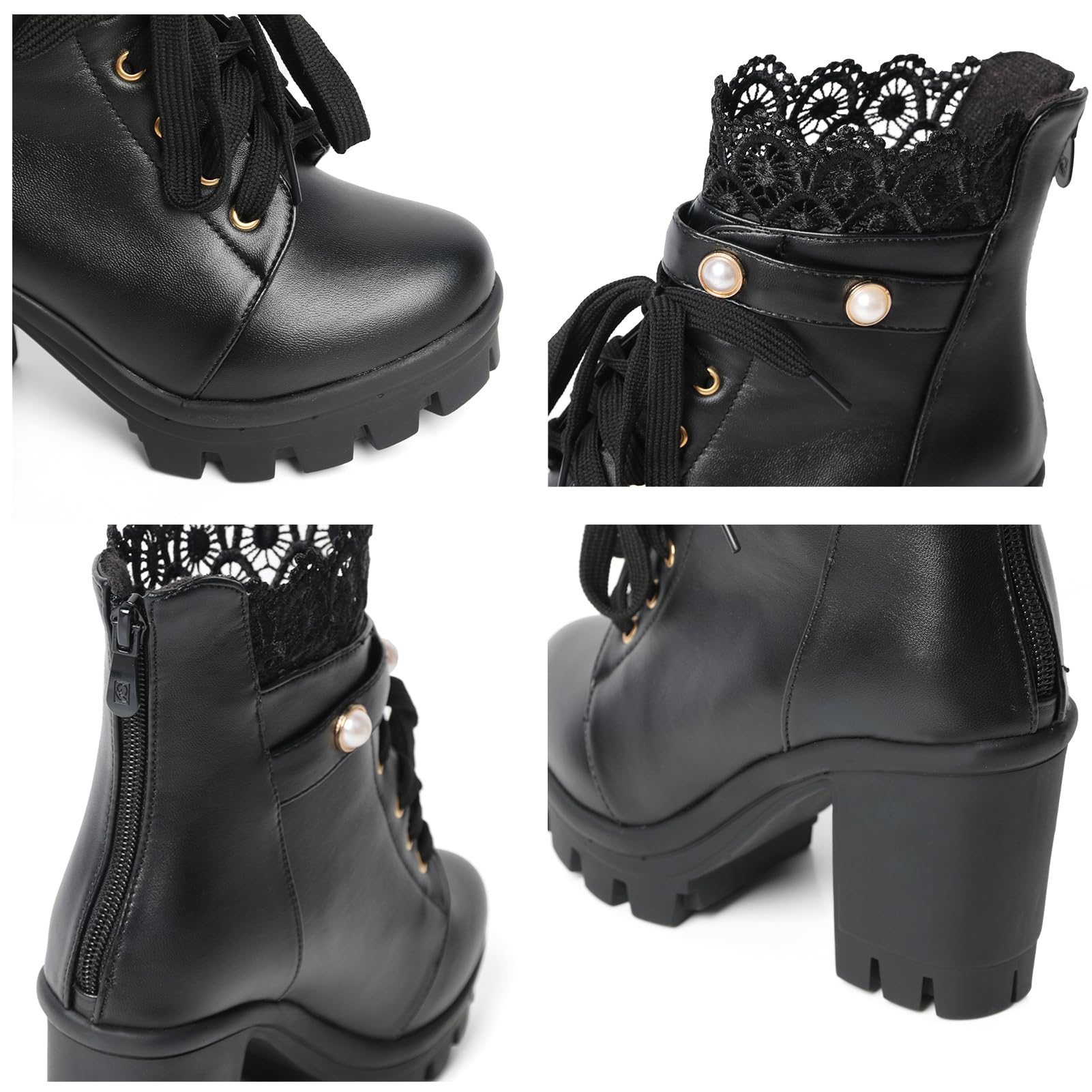 FOREADA Platform Boots Goth Combat Boots for Women Black Chunky Heel Ankle Booties Bead Lace Victorian Boot Bead Punk Gothic Shoes Lolita Dress Shoes With Zipper: 5 Gothic Black