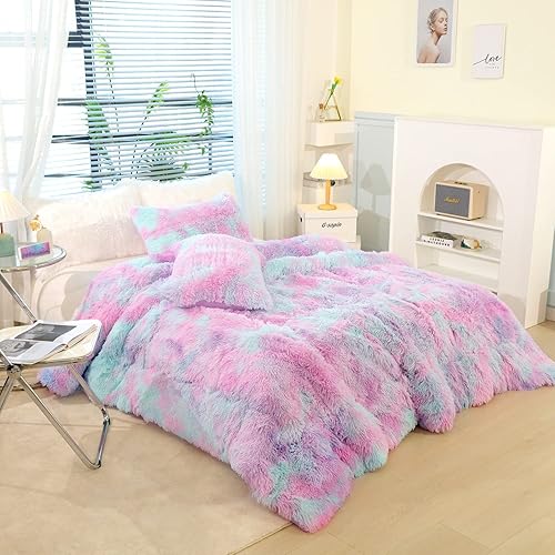 Miniatura 85 de SUCSES Faux Fur Duvet Cover Set Twin Size, Tie Dye Rainbow Plush Shaggy Girls Bedding Set, Soft Velvet Fluffy Fuzzy Ombre Comforter Cover Set