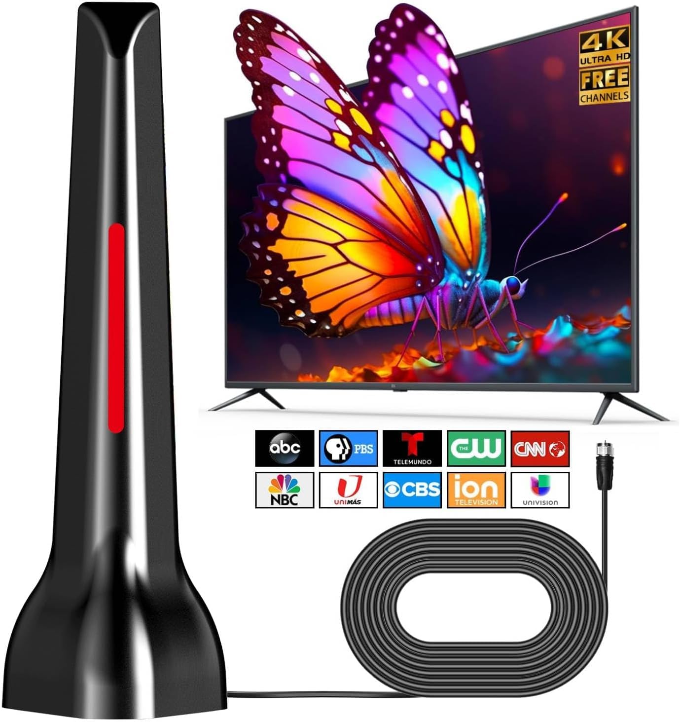 Antena de TV interior para canales locales, antena digital HD para Smart TV interior 4K sin cable, base magnética, recepción de 360°, cable de 2,5 m, largo alcance, decoración roja