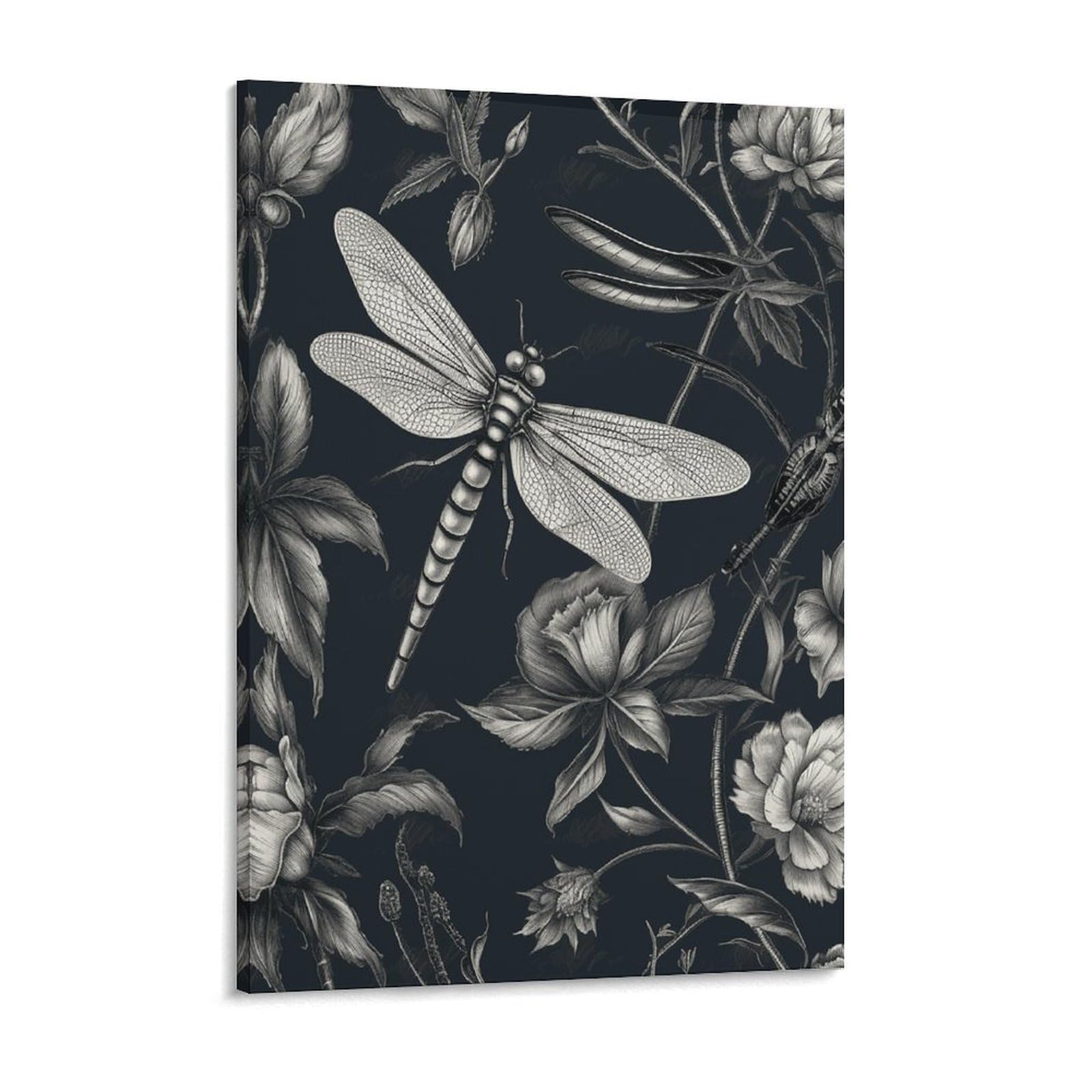 Black Flowers And Dragonfly Canvas Wall Art for Bedroom 18x24inch Canvas Prints Artwork for Walls Modern Picture Artwork Painting for Living Room Aesthetic Wall Paintings for Bathroom Kitchen