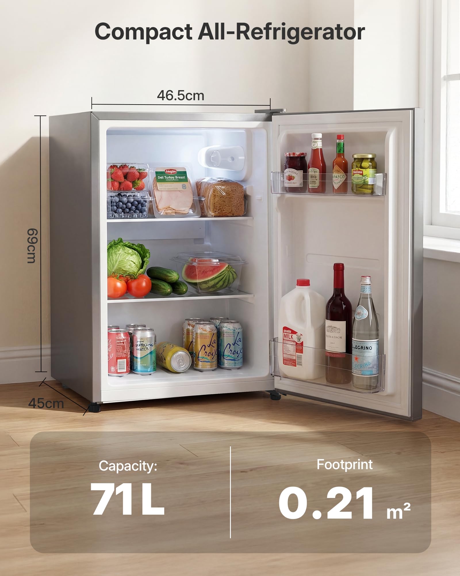 Upstreman 71L Fridge Without Freezer Compartment, 1-10°C 7-Step Temperature Control, LED Lighting, 40dB Quiet, Energy-Saving Full-Size Refrigerator for Bedroom, Office, Kitchen, CR71-Silver - 3