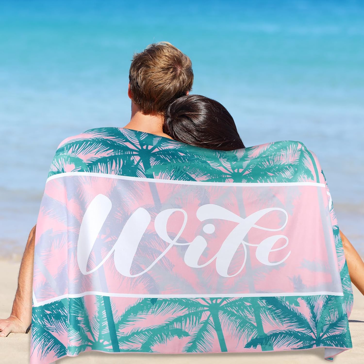 Redbaker 2 Pcs Mr and Mrs Beach Towels Wedding Beach Towels for Bride and Groom 60 x 30 Hubby and Wife Towel Honeymoon Newlywed Couple Towel Wedding Gift(Green Pink Series)