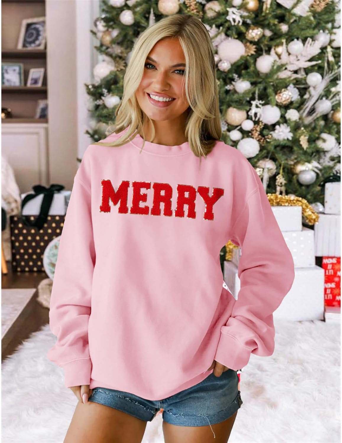 IZYJOY Christmas Women's Merry Graphic Sweatshirt Chenille Patch Letter Printed Crewneck Xmas Gifts Oversized Pullover Top - Image 2