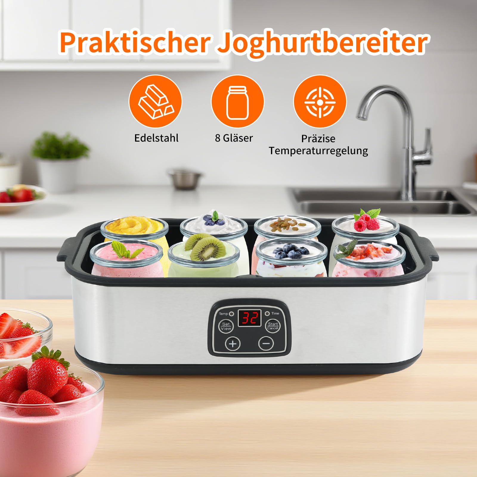 Joghurtbereiter, 8 Glasbehälter à 180 ml für bis 1.5L Joghurt Maker