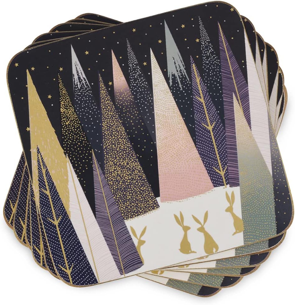 Pimpernel Sara Miller Frosted Pines Collection Coasters | Set of 6 | Cork Backed Board | Heat and Stain Resistant | Drinks Coaster for Tabletop Protection | Measures 4” x 4”